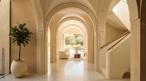 Elegant beige hallway featuring graceful limestone arches and soft natural light leading into a modern bright living room interior space