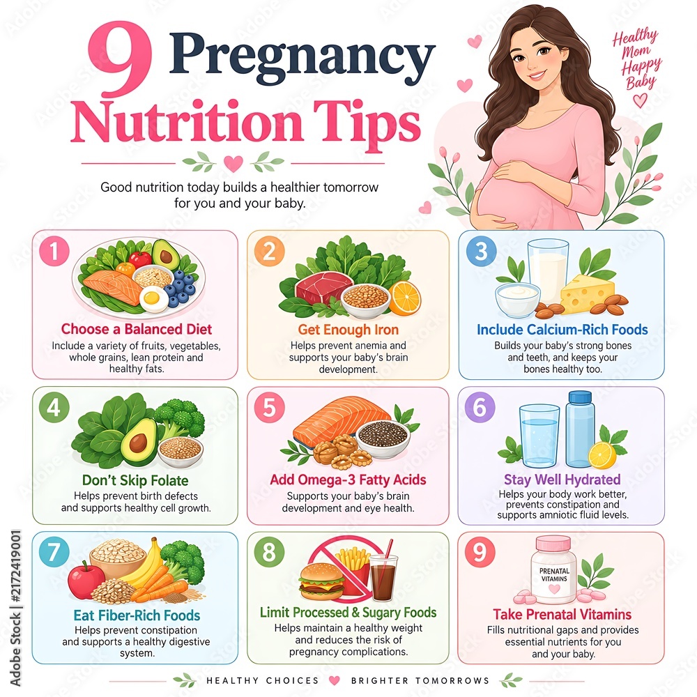Fototapeta premium Infographic with nine pregnancy nutrition tips for mothers
