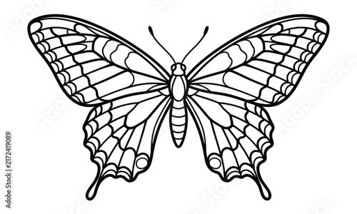 A detailed black and white line art illustration of a beautiful butterfly for coloring book pages