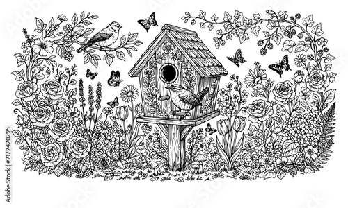 Charming birdhouse and paired birds in a flourishing flower garden detailed monochrome line art coloring book design for families