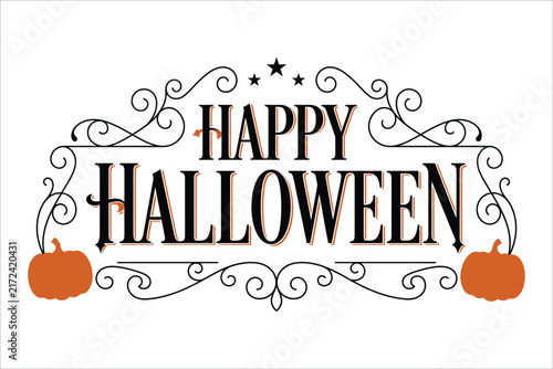 Happy halloween vintage typography banner with decorative flourishes and orange pumpkins halloween typography pumpkins flourishes decorative ornament isolated