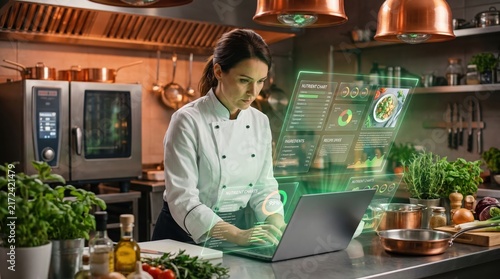Female Chef Using Futuristic Holographic Interface and Laptop in Professional Kitchen