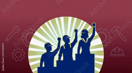 Silhouette of Workers with Raised Fists on Red Background with Sunburst and Tool Icons, Labor Day Unity Concept for Workforce, Solidarity, Industry and Workers Rights Celebration