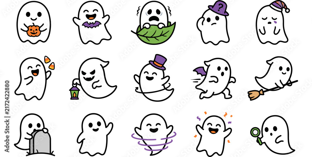 Obraz premium Set of cute hand drawn ghost characters for halloween stickers and fun holiday party design elements