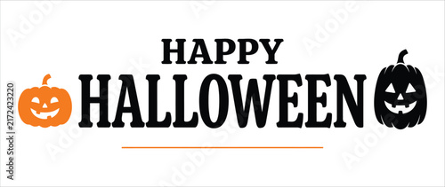 Happy halloween typography text flanked by orange and black carved jack o lantern pumpkins with orange pumpkin halloween typography pumpkins illustration isolated