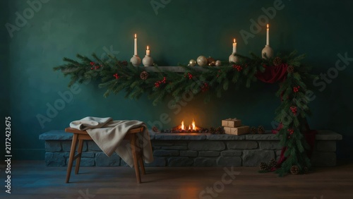 Cozy living room interior decorated with christmas garland and warm fireplace