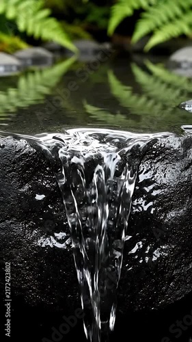 Waterfalls Cascading Over Rocks with Lush Green Ferns Reflected in a Dark Pool. Dynamic Flowing Water and Tranquil Nature Scene.