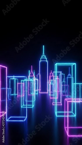 Glowing Neon City Skyline Animation with Dynamic Color Shifting and Looping Motion. Futuristic Urban Landscape Design.