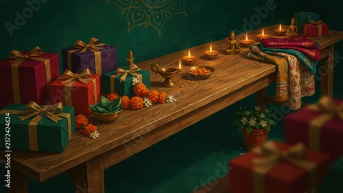 Festive celebration scene featuring wrapped gifts and glowing diyas on a table