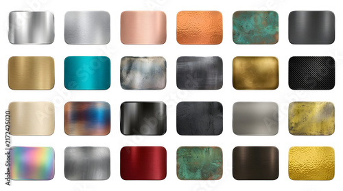 Collection of various metallic and textured swatches featuring gold silver copper and colorful gradient metal finishes