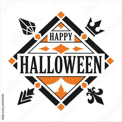 Happy halloween diamond emblem design featuring decorative crest and crown motifs halloween typography seasonal celebration ornament lettering template