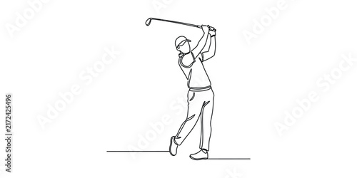 Continuous line drawing of a golfer swinging a golf club.