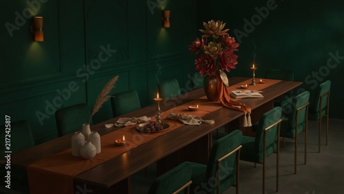 Long elegant dining table set for a festive dinner party with warm candlelight