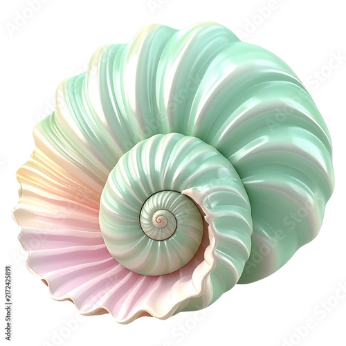 Mint green swirled conch seashell 3d artwork for tropical vacation web banners and soft color palette graphics