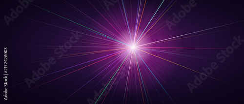 Abstract purple background featuring bright starburst light effect with glowing colorful radial lines radiating from central point across dark space