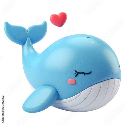 Happy blue whale 3d render floating with eyes closed and red heart for kids baby shower invitation artwork