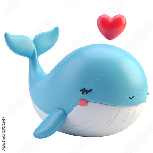Charming blue whale 3d illustration with small red heart icon for lovers day greetings and ocean conservation posts