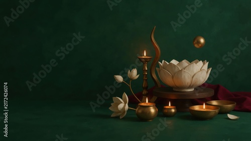 Minimalist Diwali celebration flat lay with glowing oil lamps and lotus on green
