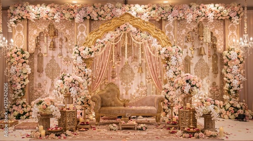 South Asian wedding decorative background, elegant floral motifs, gold ornaments and soft pastel colors, premium design  