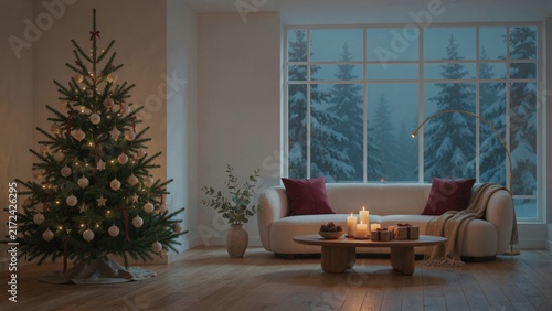 Minimalist modern living room decorated for christmas with pine tree and sofa