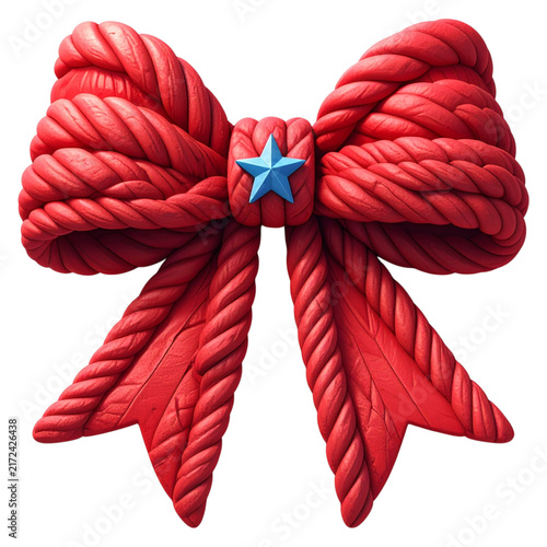 Woven red cord bow 3d render featuring center star badge for traditional Christmas wrapping and nautical themes