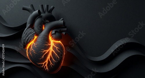Human Heart Anatomy with Glowing Orange Arteries on Black Background