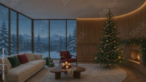 Modern Cozy Living Room With Christmas Tree And Snowy Mountain View