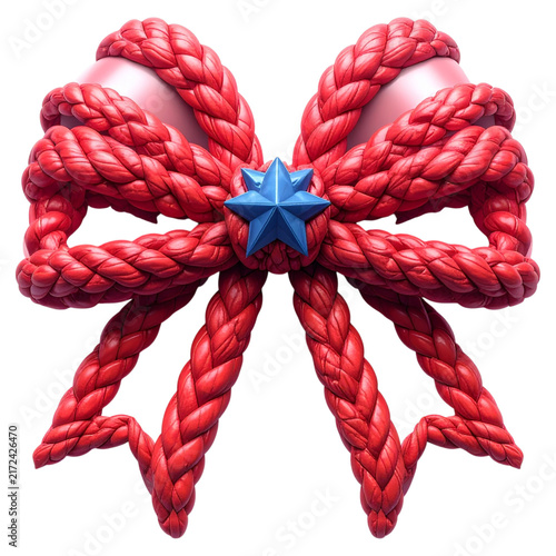 Red knitted style bow 3d illustration with central star emblem for winter season sale banners and cozy greetings