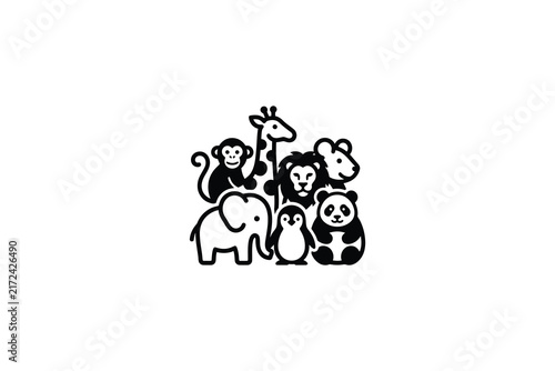 Group of cute cartoon wild animals in simple black and white line art style.