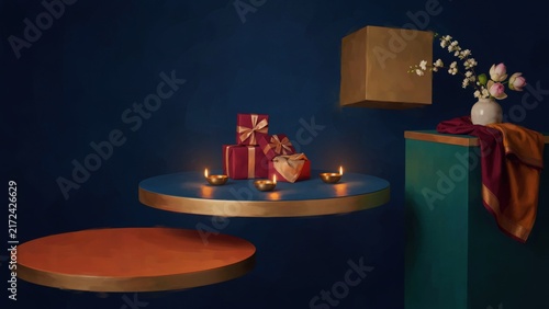 Modern minimalist studio podium display with traditional festive elements and gift boxes