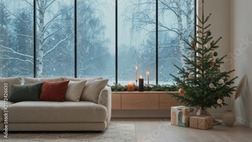 Modern minimalist living room decorated for Christmas with large window snow view