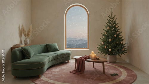 Serene green sofa living room decorated for Christmas with arched window view
