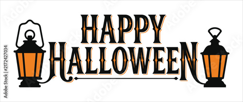 Happy halloween text design flanked by vintage style glowing lanterns with halloween typography seasonal celebration lettering template illustration