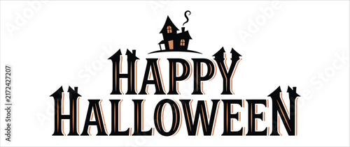 Happy halloween spooky lettering design with a haunted house silhouette halloween typography seasonal celebration silhouette building lettering template