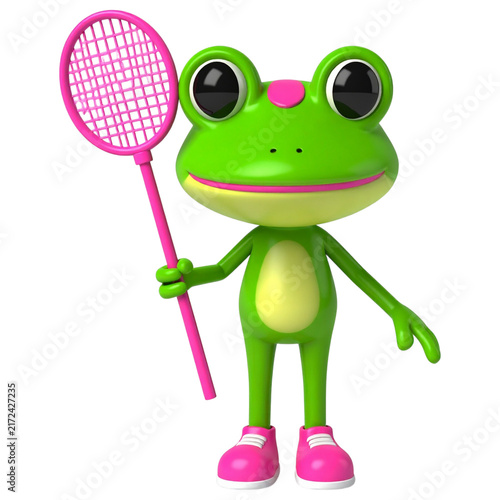 Cute green frog 3d character holding pink net for children catching bugs game icons and nature exploration designs