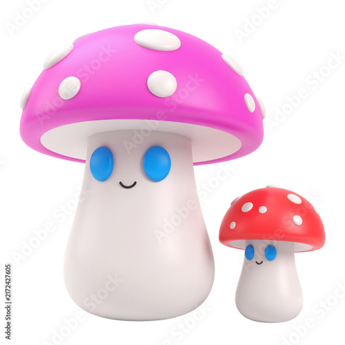 Cute pink mushroom family 3d render with friendly face for fairytale forest illustrations and nursery wall decor