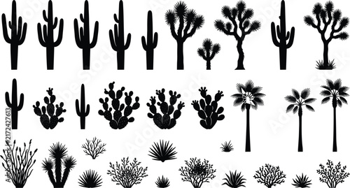 Obraz na plátně Desert cactus saguaro joshua tree and prickly pear silhouette collection vector set isolated on white background (17 words)
