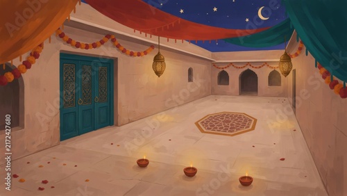 Traditional Indian Courtyard Decorated With Marigold Garlands And Diyas At Night
