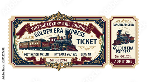 Canvastavla Vintage Golden Era Express Train Ticket, Luxury Rail Journey, Isolated
