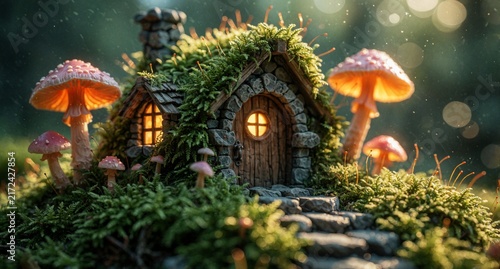 Magical Fairy House in Enchanted Forest with Glowing Mushrooms and Mossy Roof