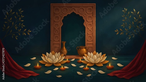 Traditional Indian Diwali festival celebration background with glowing diyas and lotus flowers