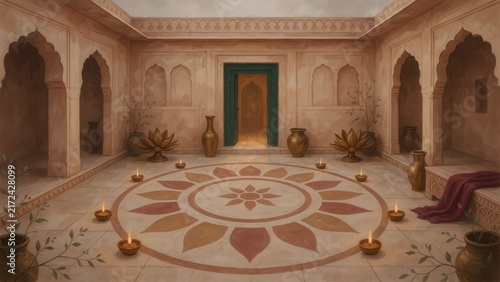 Traditional Indian courtyard decorated with glowing diyas and intricate rangoli floor pattern