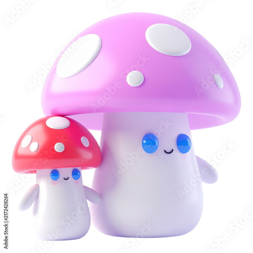 Cute pink mushroom characters 3d render with polka dots for whimsical children invitation cards and stickers