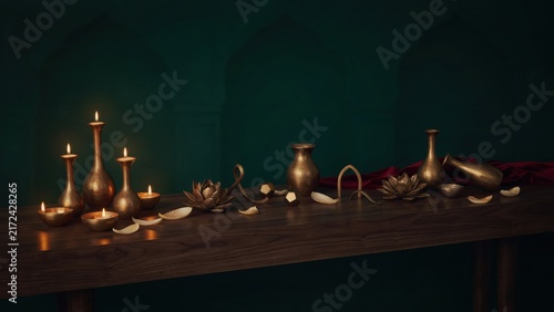 Traditional Indian Oil Lamps And Brass Vessels Arranged On A Wooden Table
