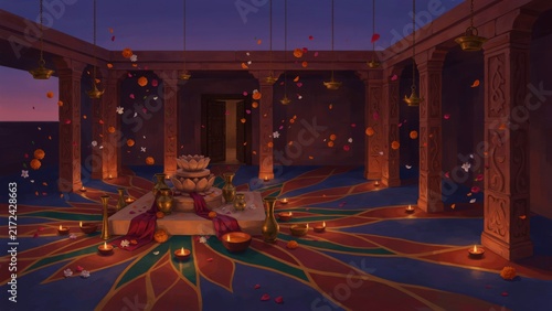 Traditional Indian temple interior decorated with colorful floor art and glowing lamps