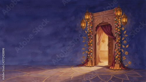 Traditional Ornate Archway Decorated With Lanterns And Flowers Under Deep Blue Sky