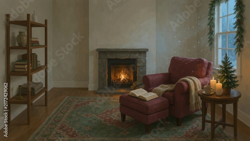 Warm and inviting Christmas living room featuring a stone fireplace and bookshelf
