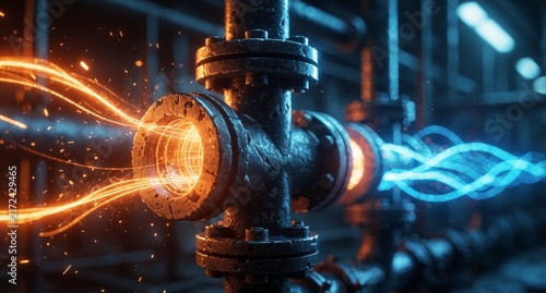 Industrial Pipe Leak with Orange and Blue Glowing Energy Sparks