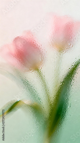Pink tulip flowers seen through glass covered with water droplets