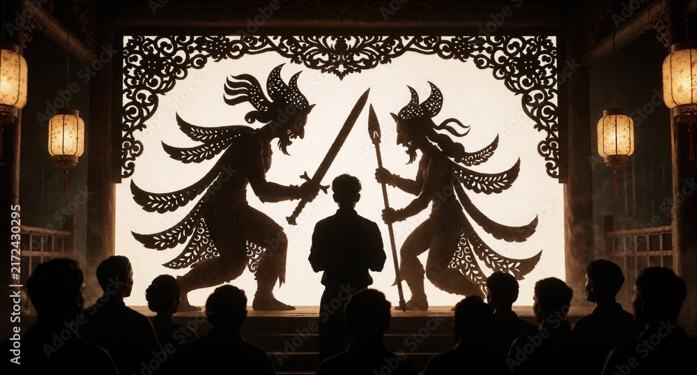 Fototapeta premium Shadow Puppet Theater Performance with Traditional Indonesian Wayang Kulit Figures and Audience Silhouettes